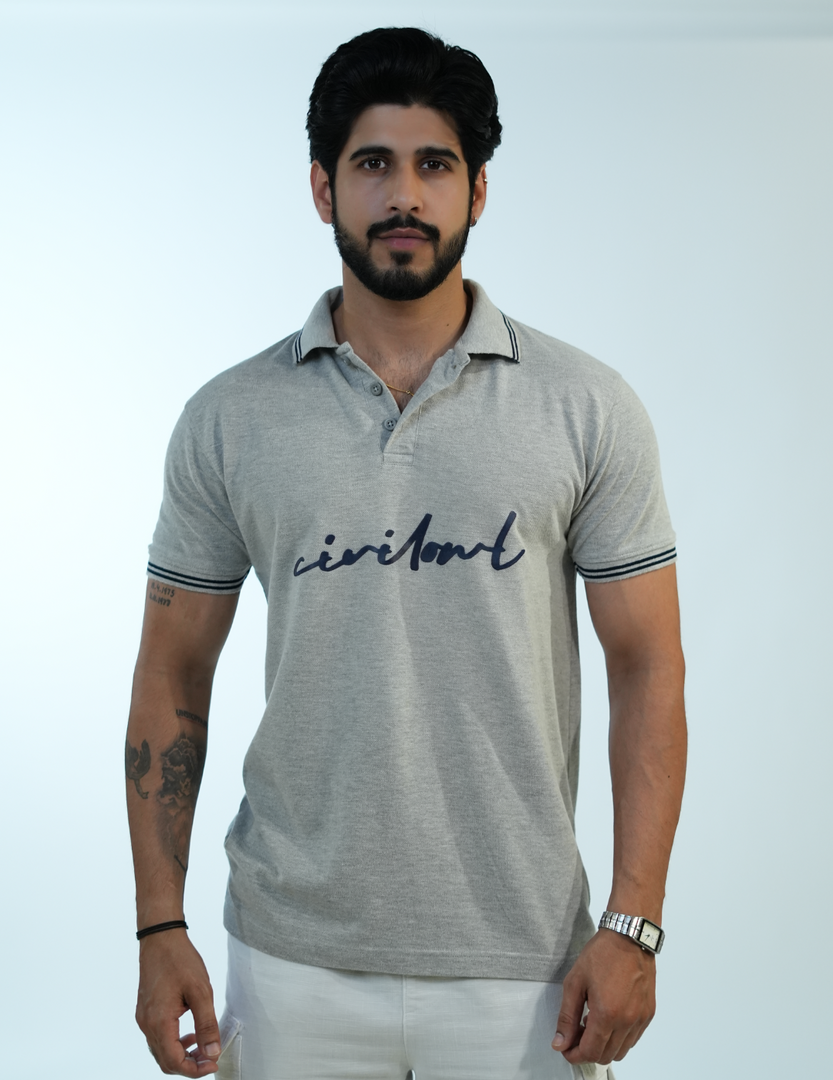 GRAY CIVILOWL RUNNING FONT COLLAR T SHIRT