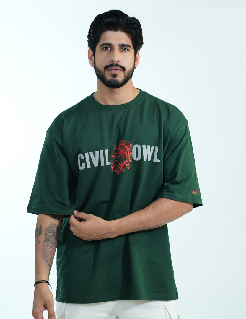 BOTTLE GREEN FISH OVERSIZED T SHIRT