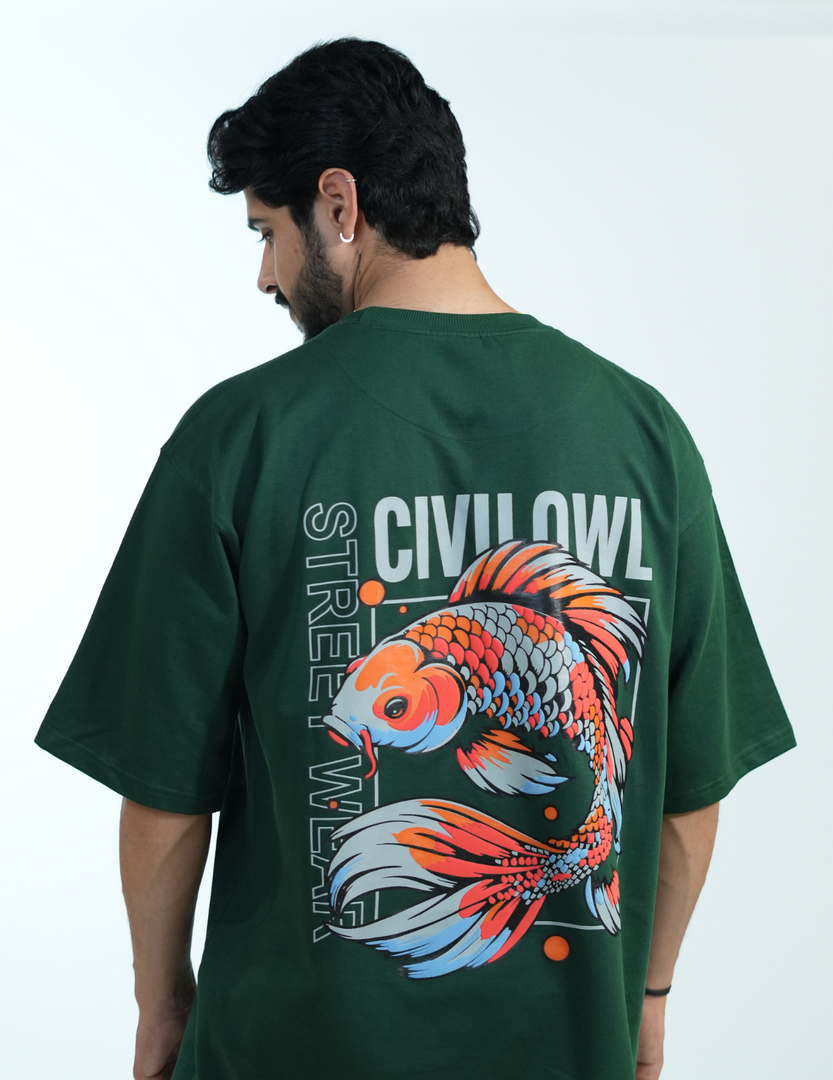 BOTTLE GREEN FISH OVERSIZED T SHIRT
