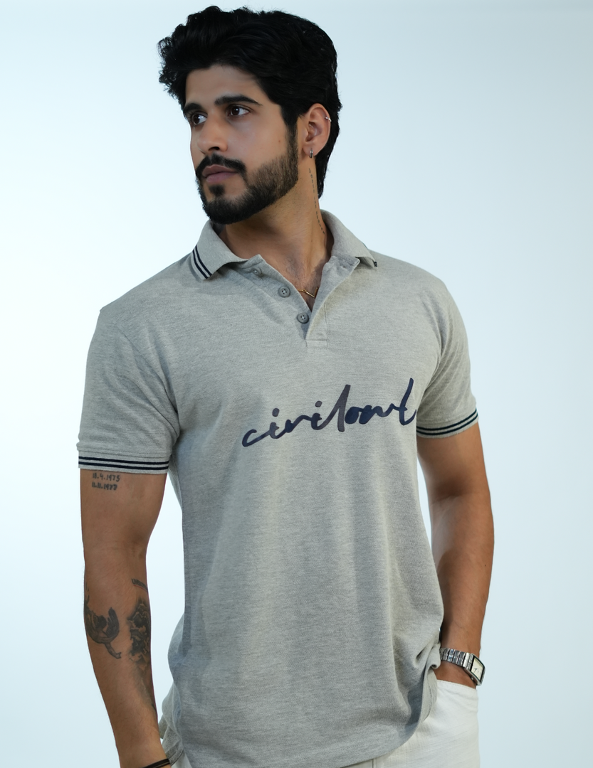GRAY CIVILOWL RUNNING FONT COLLAR T SHIRT