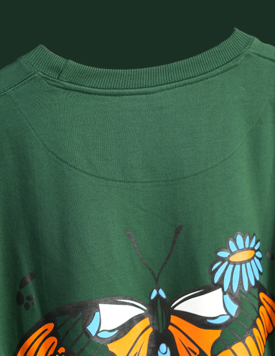 BOTTLE GREEN FLORAL BUTTERFLY OVERSIZED T SHIRT