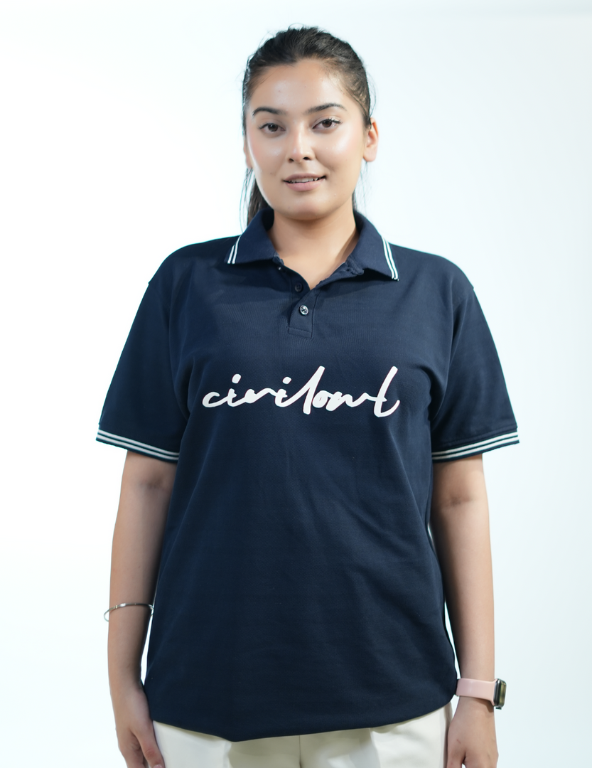 NAVY BLUE CIVILOWL RUNNING WHITE FONT COLLAR T SHIRT
