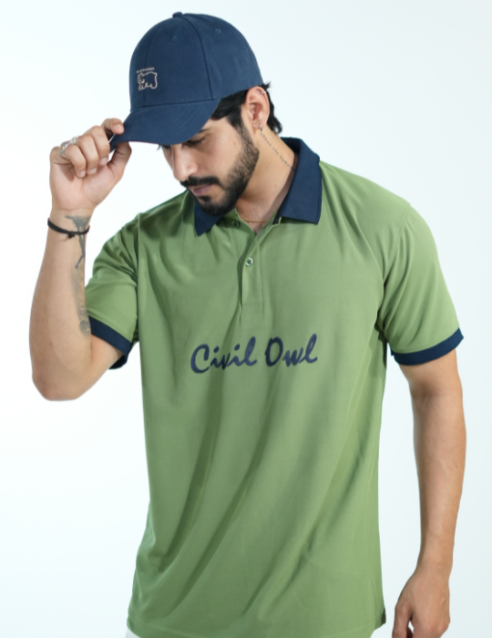 GREEN CIVILOWL DRYFIT MARS RUNNING COLLAR T SHIRTS