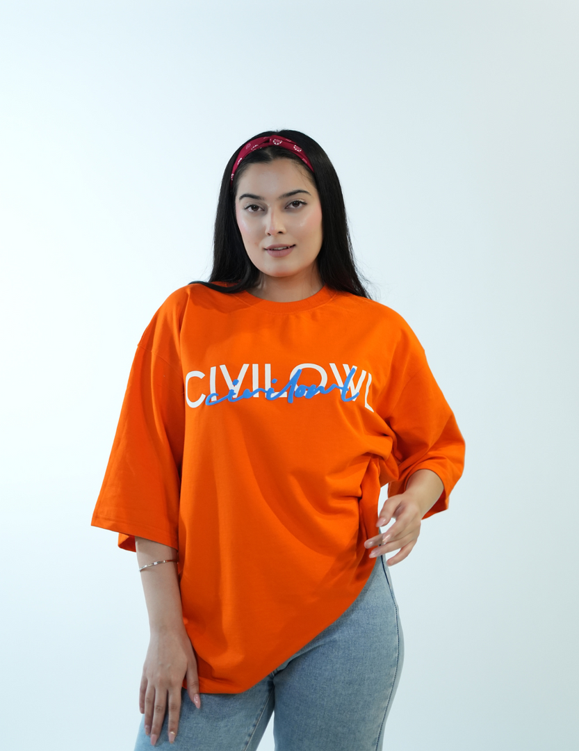 ORANGE DUAL FONTS CIVILOWL OVERSIZED T SHIRT