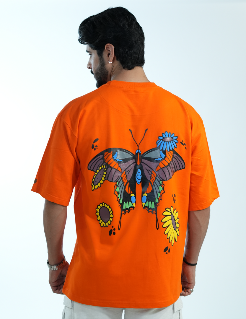 ORANGE FLORAL BUTTERFLY OVERSIZED T SHIRT