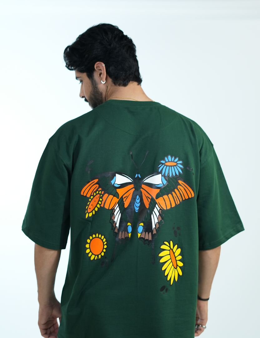 BOTTLE GREEN FLORAL BUTTERFLY OVERSIZED T SHIRT