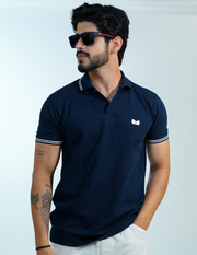 NAVY BLUE SIDE OWL COLLAR T SHIRT