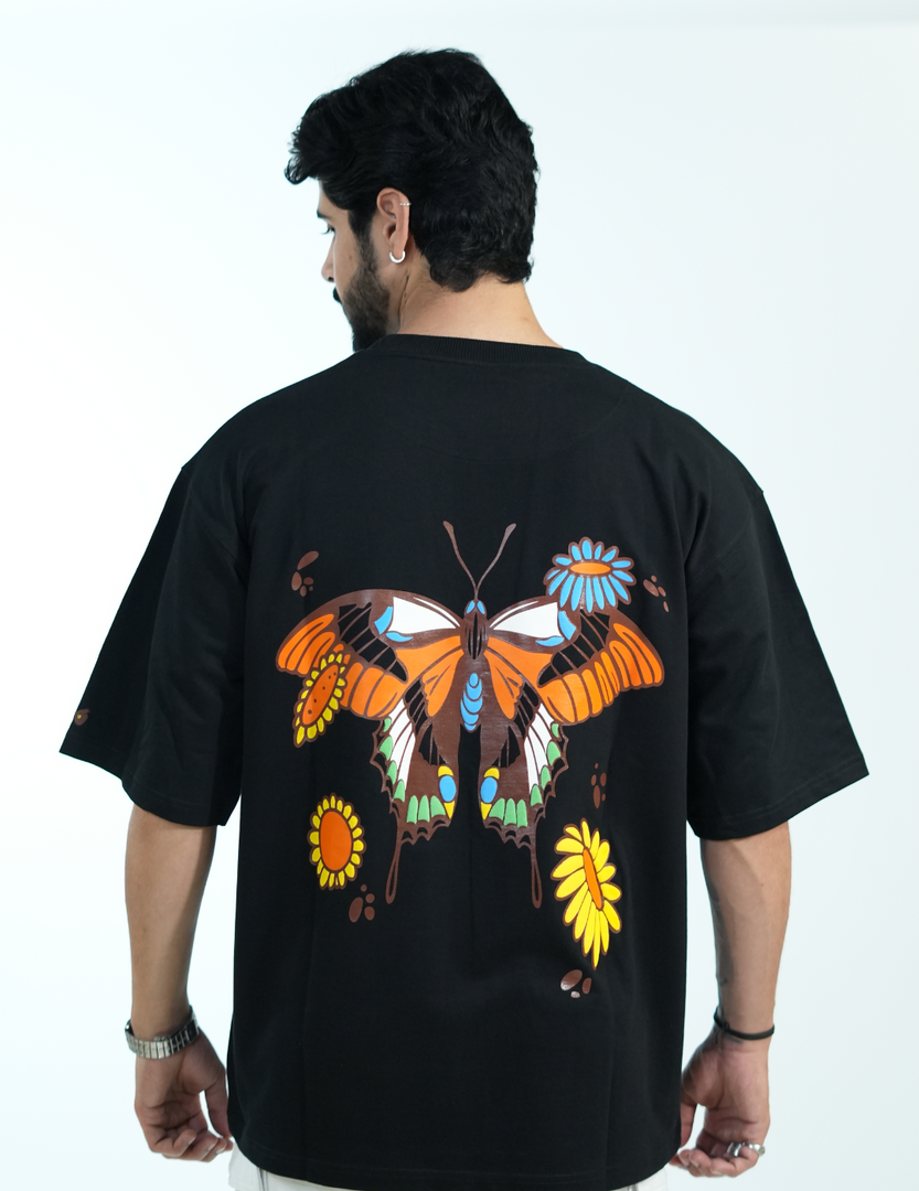 BLACK FLORAL BUTTERFLY OVERSIZED T SHIRT